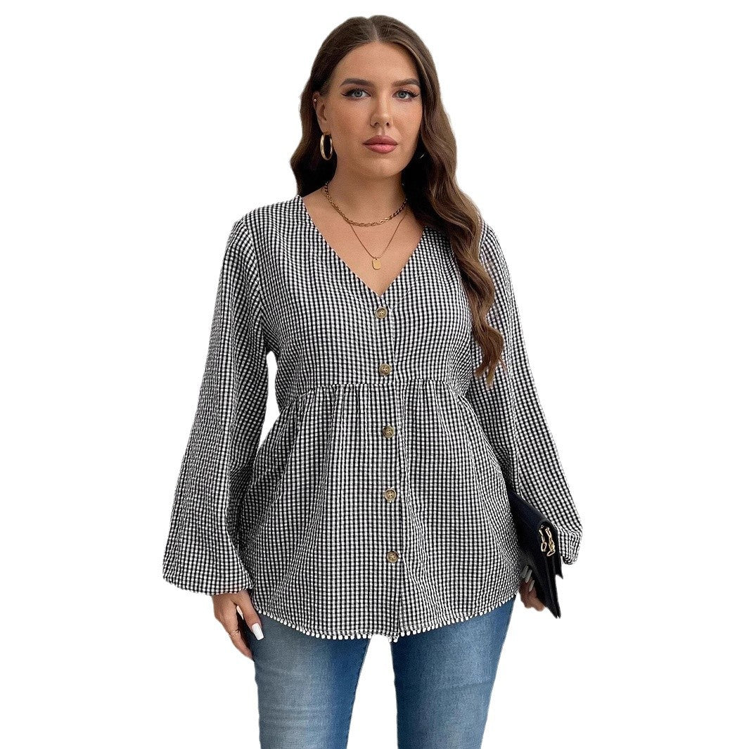 New Korean-style Slim Waist V-neck Long Sleeve Shirt