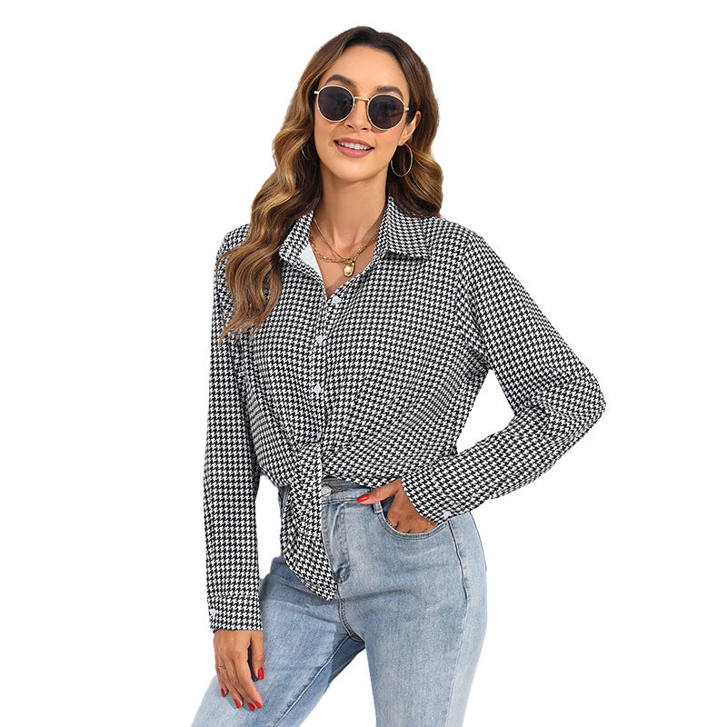 Women's Casual Long Sleeve Shirt With Lapel And Plaid Pattern