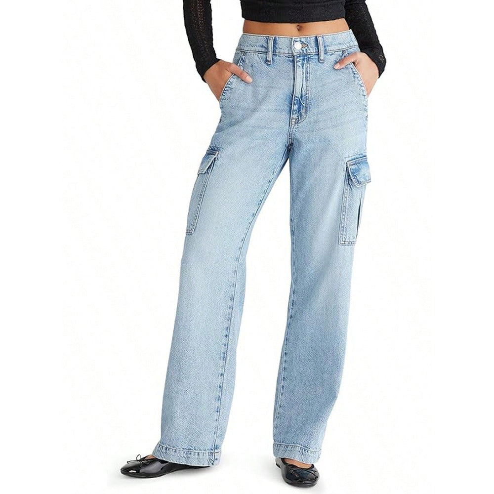 Retro Flip Large Pocket Straight-leg Jeans Women's Loose Casual