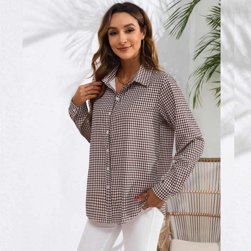 Women's Casual Long Sleeve Shirt With Lapel And Plaid Pattern
