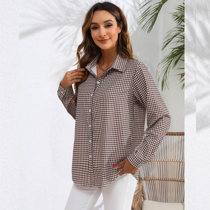 Women's Casual Long Sleeve Shirt With Lapel And Plaid Pattern