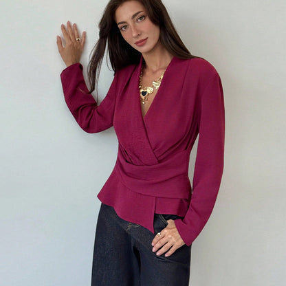 French Style Solid Color Long Sleeve Shirt Waist Slimming