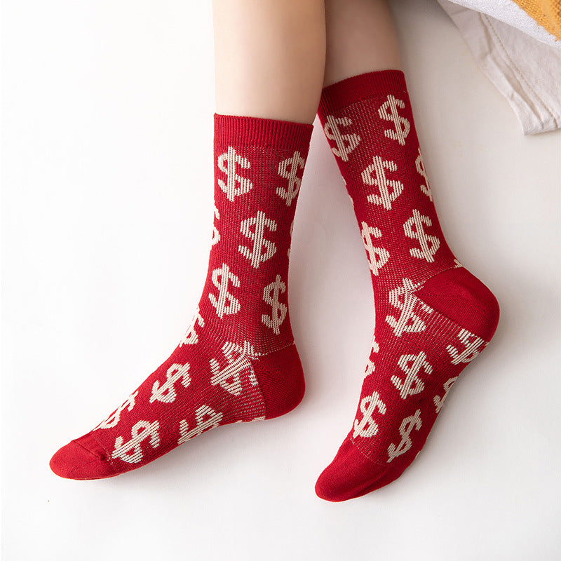 Red Socks For Women Middle Tube Pure Cotton