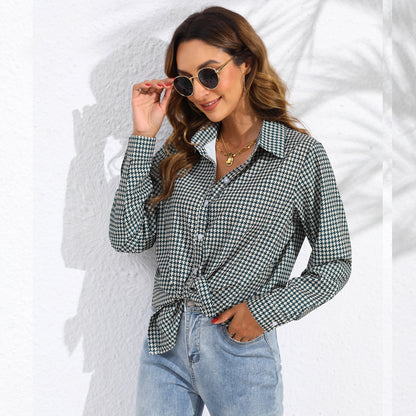 Women's Casual Long Sleeve Shirt With Lapel And Plaid Pattern