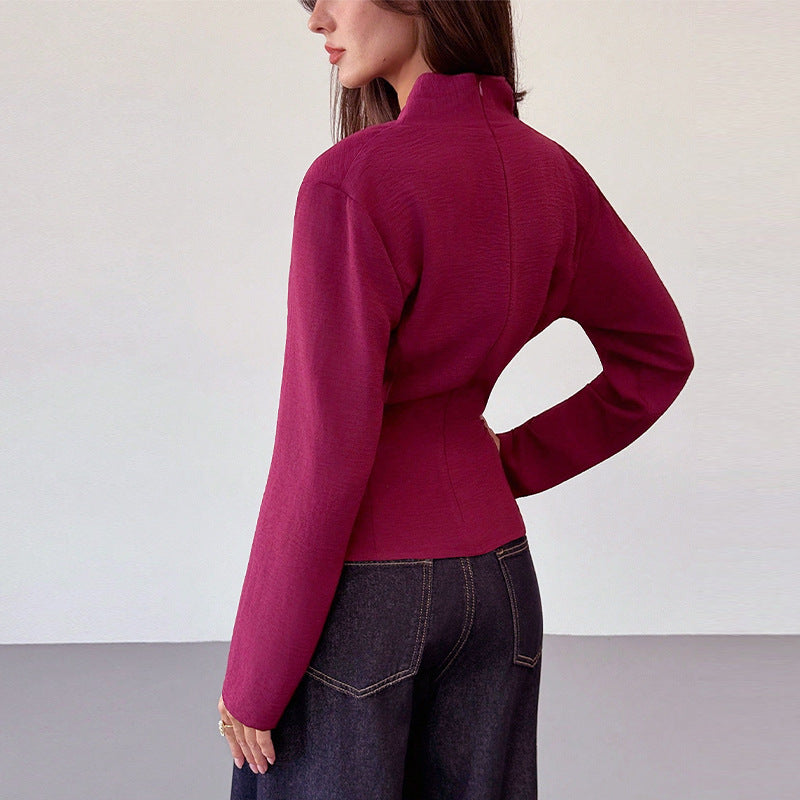 French Style Solid Color Long Sleeve Shirt Waist Slimming