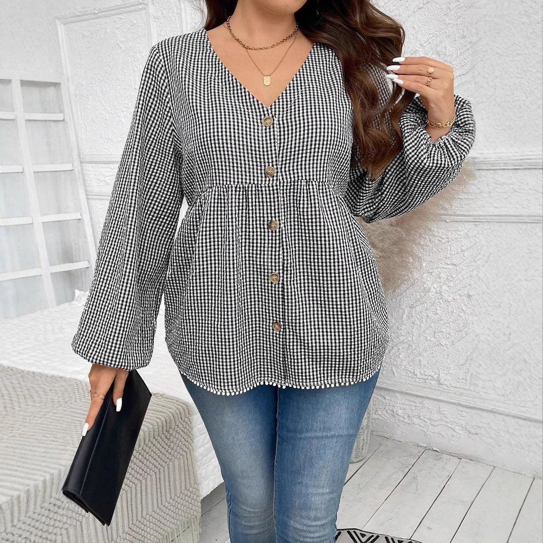 New Korean-style Slim Waist V-neck Long Sleeve Shirt