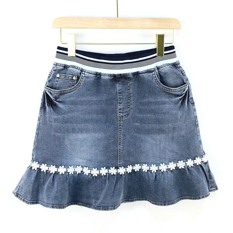 Denim Skirt Fashion Elastic Embroidery Women