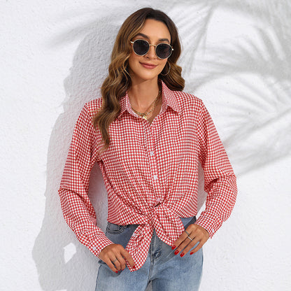 Women's Casual Long Sleeve Shirt With Lapel And Plaid Pattern