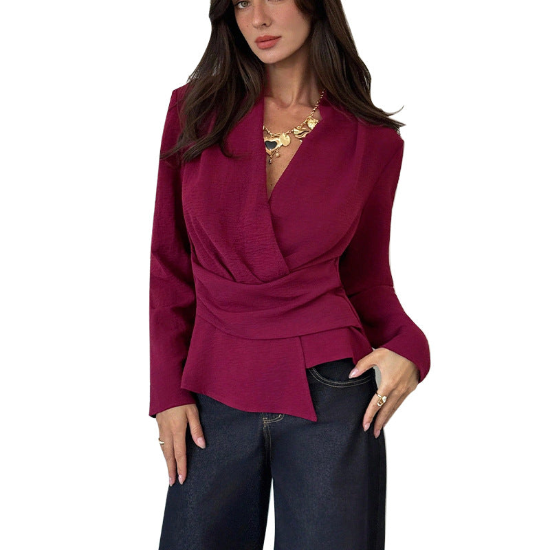 French Style Solid Color Long Sleeve Shirt Waist Slimming