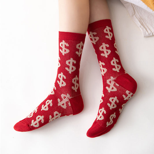 Red Socks For Women Middle Tube Pure Cotton