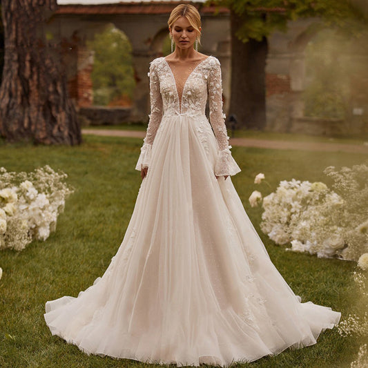 Sexy See-through Wedding Long Sleeve Embroidered Deep V Puffy Wedding Dress