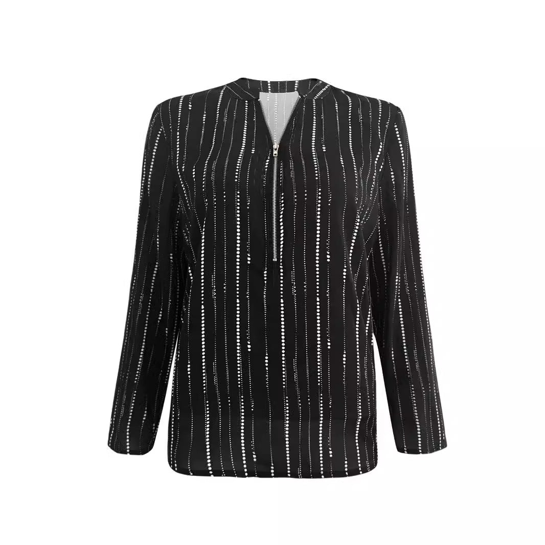 Elegant Striped Women's Zip-up Shirt