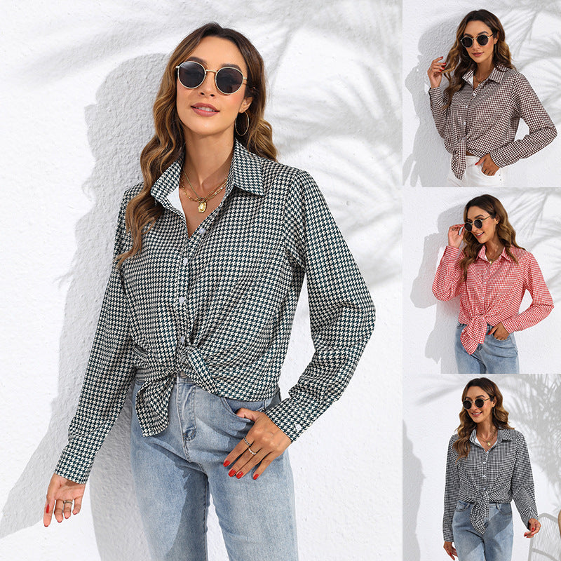 Women's Casual Long Sleeve Shirt With Lapel And Plaid Pattern