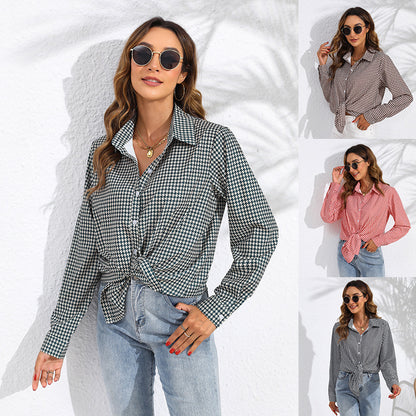 Women's Casual Long Sleeve Shirt With Lapel And Plaid Pattern