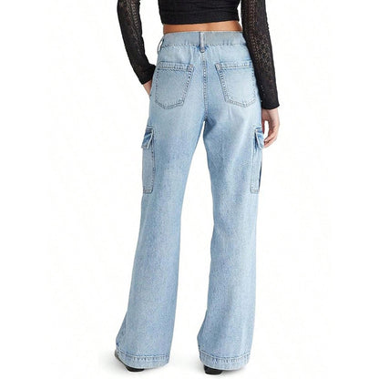 Retro Flip Large Pocket Straight-leg Jeans Women's Loose Casual