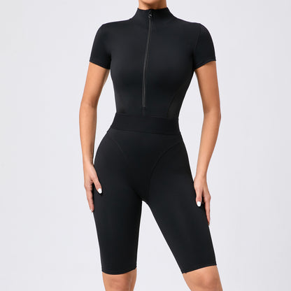 Tight Waist Open Collar Zipper Short Sleeve Yoga Jumpsuit Women