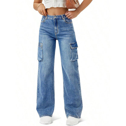 Retro Flip Large Pocket Straight-leg Jeans Women's Loose Casual