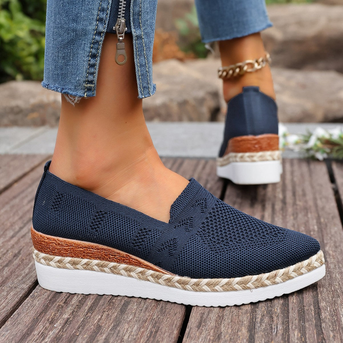 Woven Hemp Rope Platform Shallow Breathable Snakeskin Pointed Toe Women's Flats