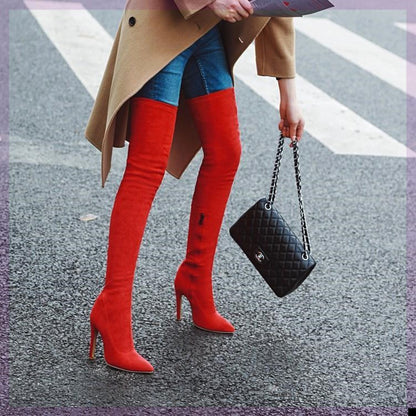 Women Stretch Knee Big Red Boots